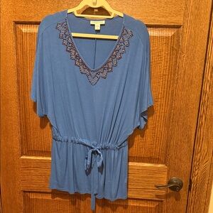 Coldwater Creek Blue Beaded V-Neck Tie-Waist Tunic NWOT